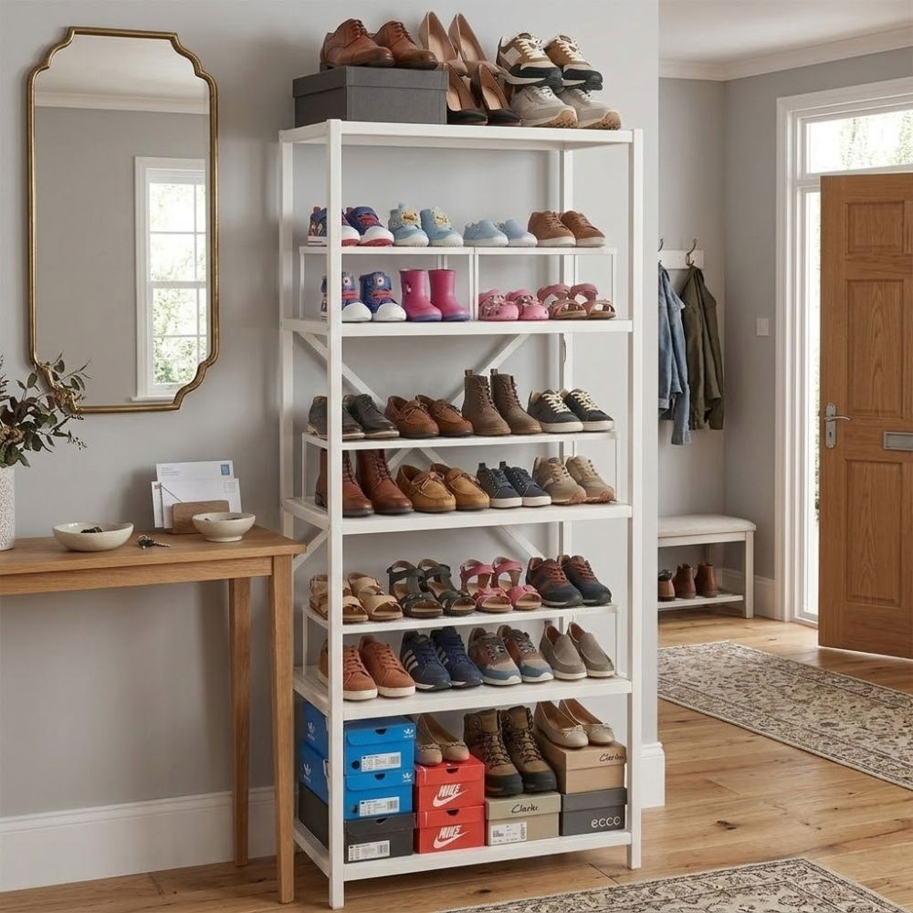 Etajera cu 5 rafturi depozitare FiGGA®, Metal si MDF, 150 cm x 60 cm x 30 cm, potrivita pentru baie, carti, pantofi, incaltaminte, papuci, jucarii, biblioteca, in camara, debara sau dressing, Alb/Alb [8]