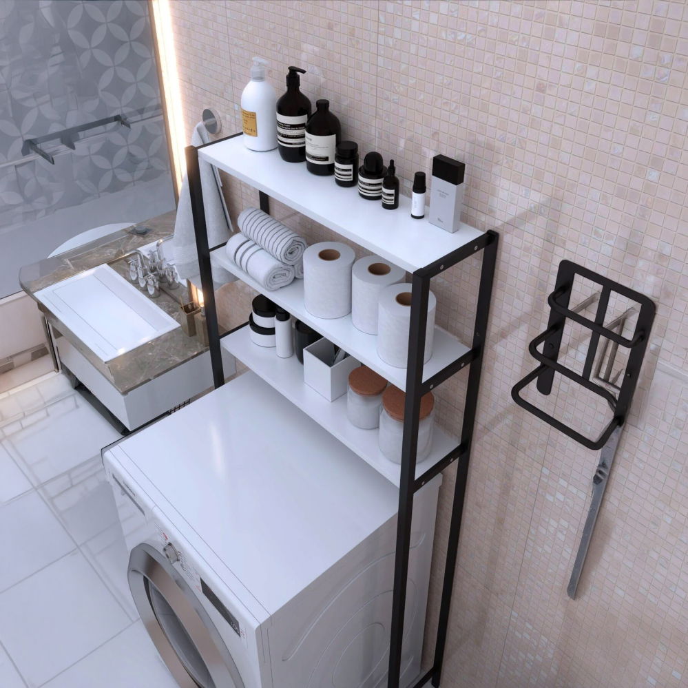 Etajera pentru Masina de Spalat cu 3 polite, 150cm x 69cm x 20cm, Metal + MDF, Organizator Multifunctional pentru Baie, Spatii Inguste, Ideal pentru prosoape sau produse de igiena, Negru/Alb [3]