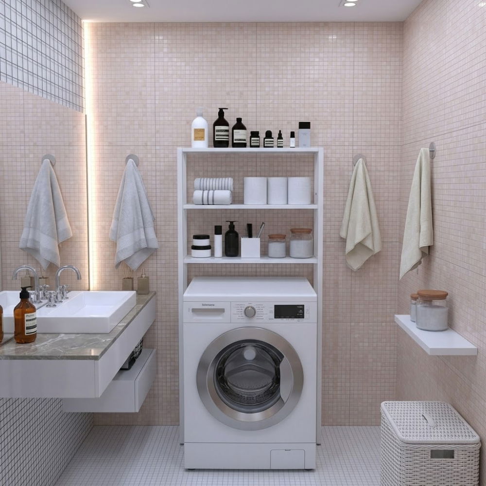 Etajera pentru Masina de Spalat cu 3 polite, 150cm x 69cm x 20cm, Metal + MDF, Organizator Multifunctional pentru Baie, Spatii Inguste, Ideal pentru prosoape sau produse de igiena, Alb/Alb [2]