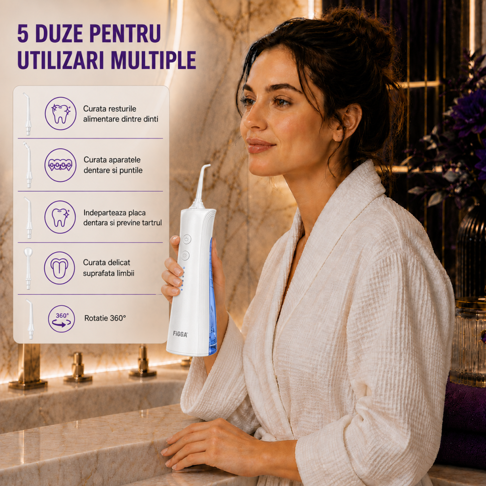 Irigator Bucal FiGGA® ORAL F-202, Dus bucal portabil, Reincarcabil USB-C, Rezervor 230 ml, 5 Moduri de Curatare, IPX7 Waterproof, Acumulator 2000 mAh, Alb Elegant [7]