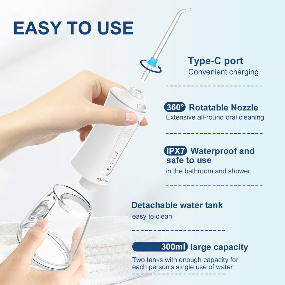 Irigator Bucal FiGGA® ORAL F-303, Dus bucal portabil, Reincarcabil USB-C, Rezervor 300 ml, 5 Moduri de Curatare, IPX7 Waterproof, Acumulator 2000 mAh, Alb Elegant [6]