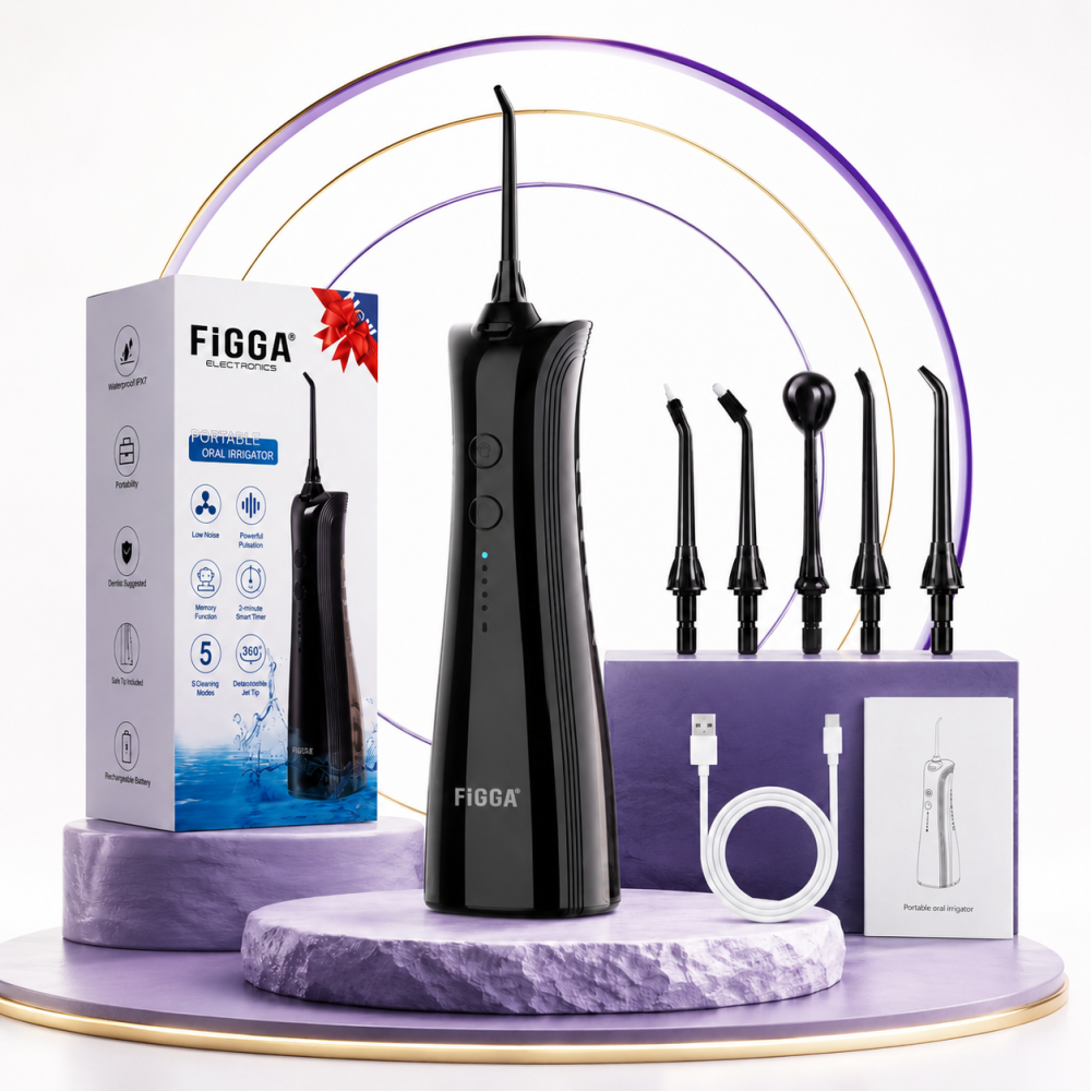 Irigator Bucal FiGGA® ORAL F-202, Dus bucal portabil, Reincarcabil USB-C, Rezervor 230 ml, 5 Moduri de Curatare, IPX7 Waterproof, Acumulator 2000 mAh, Negru Premium [9]
