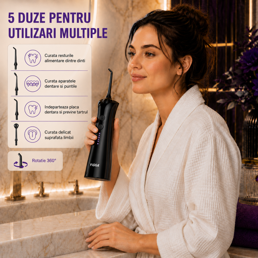 Irigator Bucal FiGGA® ORAL F-202, Dus bucal portabil, Reincarcabil USB-C, Rezervor 230 ml, 5 Moduri de Curatare, IPX7 Waterproof, Acumulator 2000 mAh, Negru Premium [7]