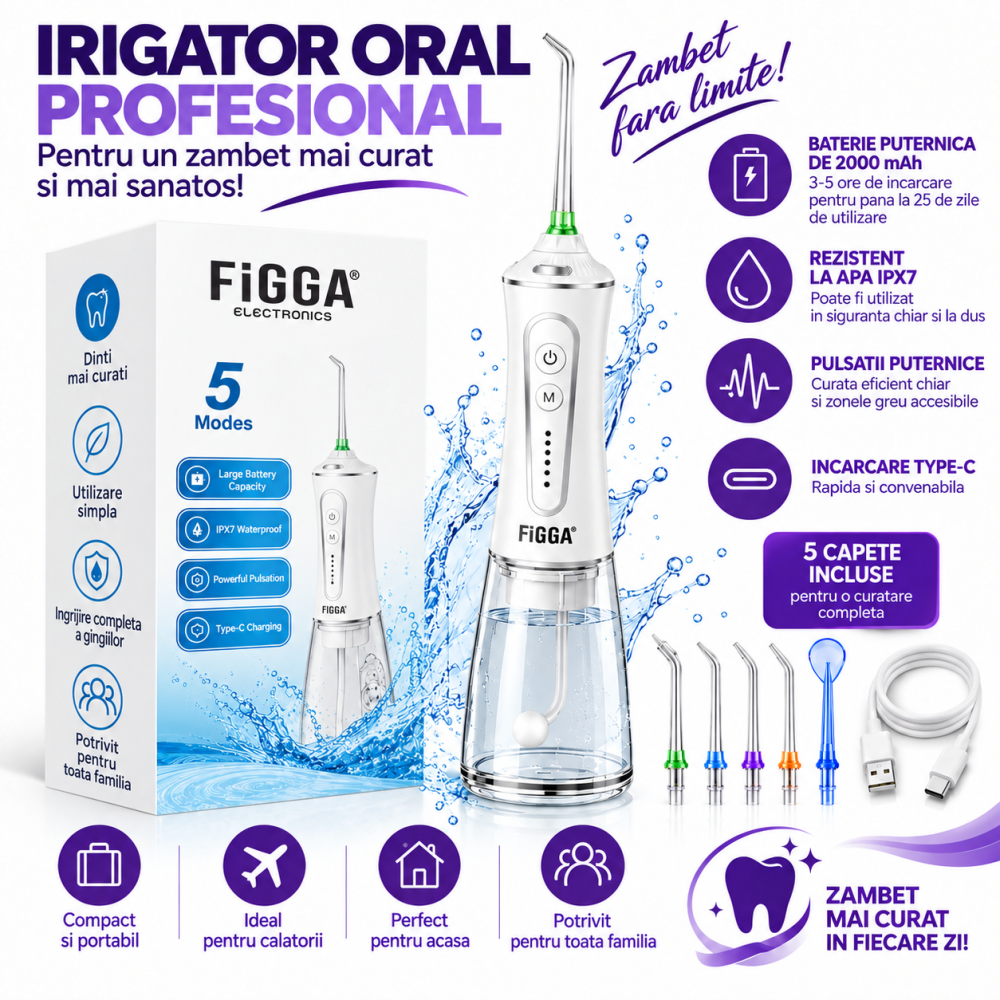 Irigator Bucal FiGGA® ORAL F-303, Dus bucal portabil, Reincarcabil USB-C, Rezervor 300 ml, 5 Moduri de Curatare, IPX7 Waterproof, Acumulator 2500 mAh, Alb Elegant [9]