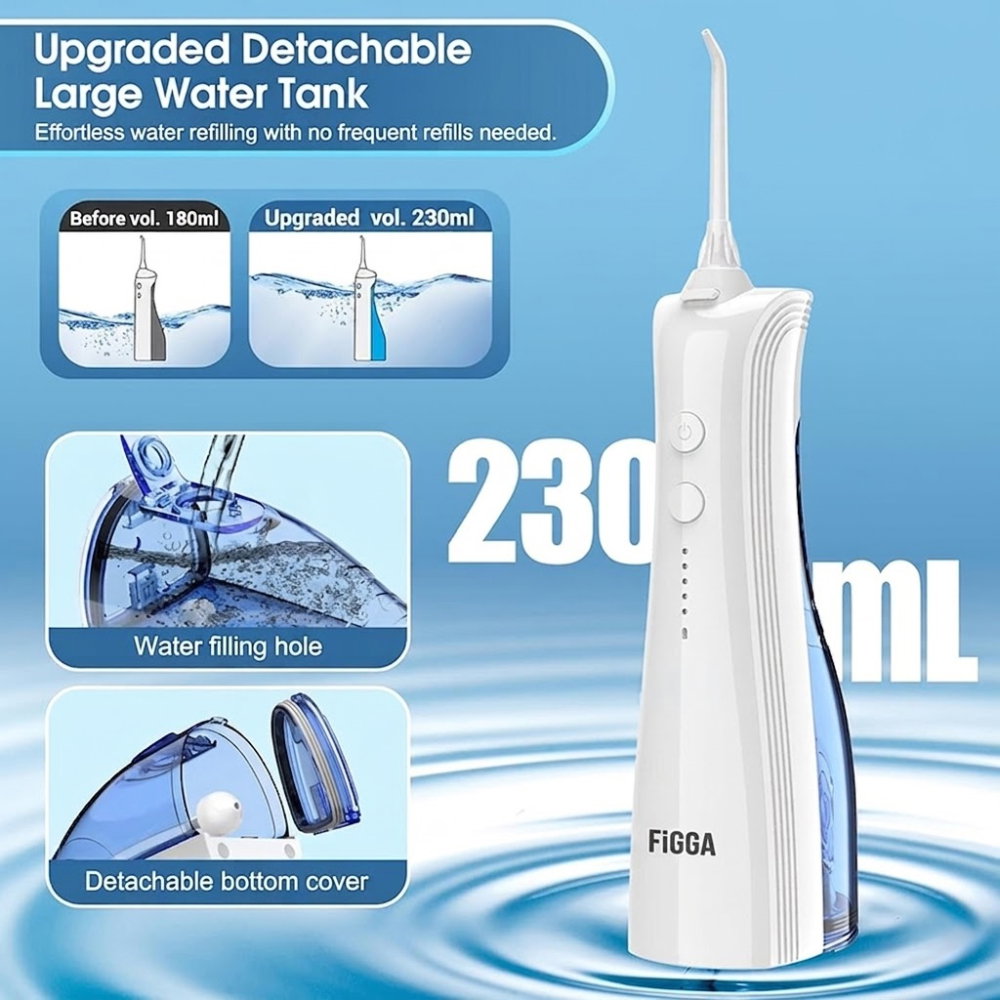 Irigator Bucal FiGGA® ORAL F-202, Dus bucal portabil, Reincarcabil USB-C, Rezervor 230 ml, 5 Moduri de Curatare, IPX7 Waterproof, Acumulator 2000 mAh, Alb Elegant [5]