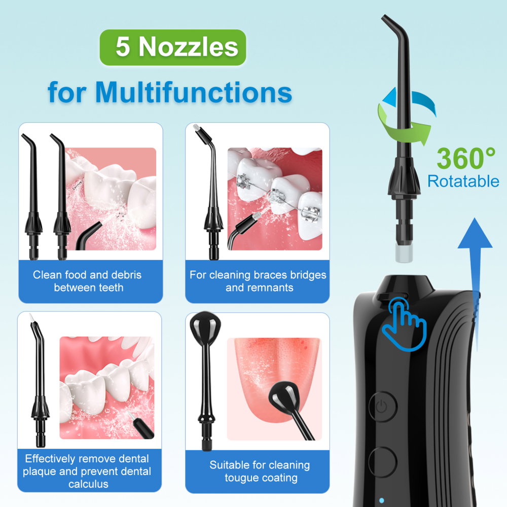 Irigator Bucal FiGGA® ORAL F-202, Dus bucal portabil, Reincarcabil USB-C, Rezervor 230 ml, 5 Moduri de Curatare, IPX7 Waterproof, Acumulator 2000 mAh, Negru Premium [4]