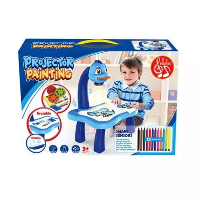 Jucarie educationala tip tabla FiGGA® cu masuta de desenat cu proiector, hologram, 3 discuri cu 24 sabloane, 12 carioci, model Girafa, Albastru [7]