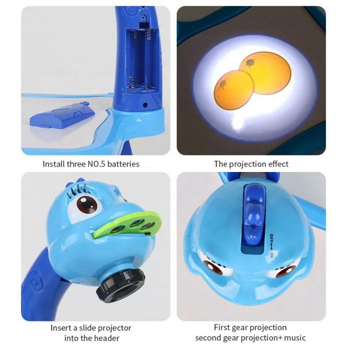 Jucarie educationala tip tabla FiGGA® cu masuta de desenat cu proiector, hologram, 3 discuri cu 24 sabloane, 12 carioci, model Girafa, Albastru [5]