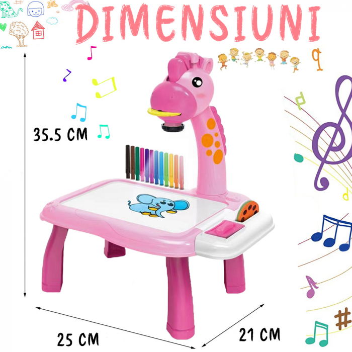 Jucarie educationala tip tabla FiGGA® cu masuta de desenat cu proiector, hologram, 3 discuri cu 24 sabloane, 12 carioci, model Girafa, Roz [6]