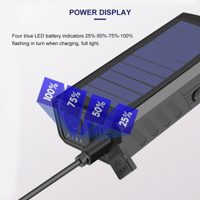 Lanterna bicicleta FiGGA® cu incarcare solara si cablu tip C, sirena, indicator baterie, lumini de atentionare, acumulator reincarcabil 2000 mAh, structura aliaj aluminiu, Negru [4]