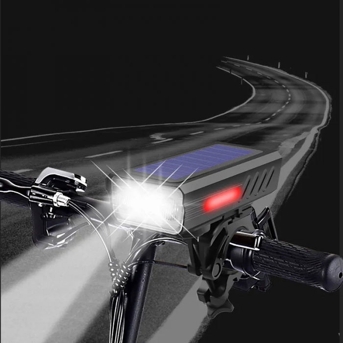 Lanterna bicicleta FiGGA® cu incarcare solara si cablu tip C, sirena, indicator baterie, lumini de atentionare, acumulator reincarcabil 2000 mAh, structura aliaj aluminiu, Negru [10]