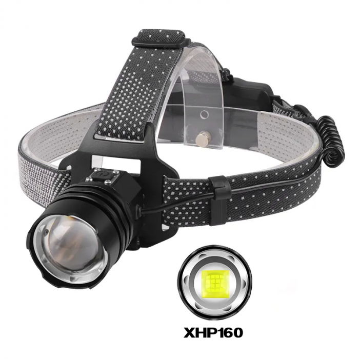Lanterna puternica de cap FiGGA® LED XHP-160.2, 48000 lumeni, 1600 metri distanta, 5000K, 2 baterii reincarcabile de 18650 Li/3500 mAh, Profesionala, Frontala, Cablu de incarcare [3]