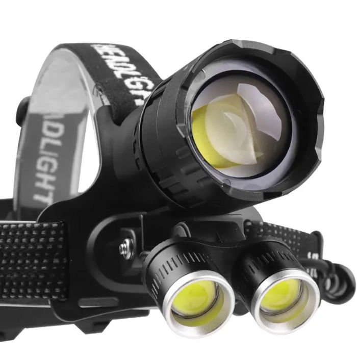 Lanterna puternica de cap FiGGA® LED XHP-160, 48000 lumeni, 1600 metri distanta, 5000K, 3 baterii reincarcabile de 18650 Li/3500 mAh, Profesionala, Frontala, Cablu de incarcare [3]