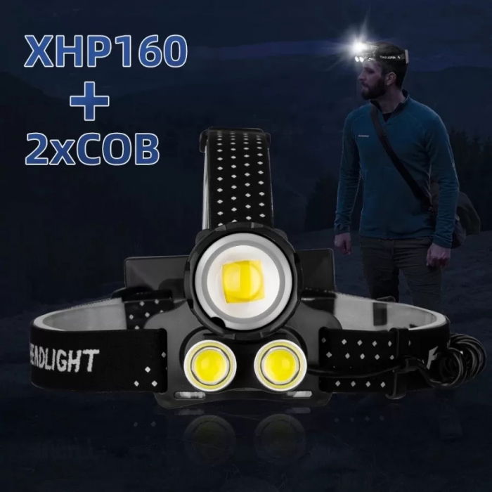 Lanterna puternica de cap FiGGA® LED XHP-160, 48000 lumeni, 1600 metri distanta, 5000K, 3 baterii reincarcabile de 18650 Li/3500 mAh, Profesionala, Frontala, Cablu de incarcare [7]