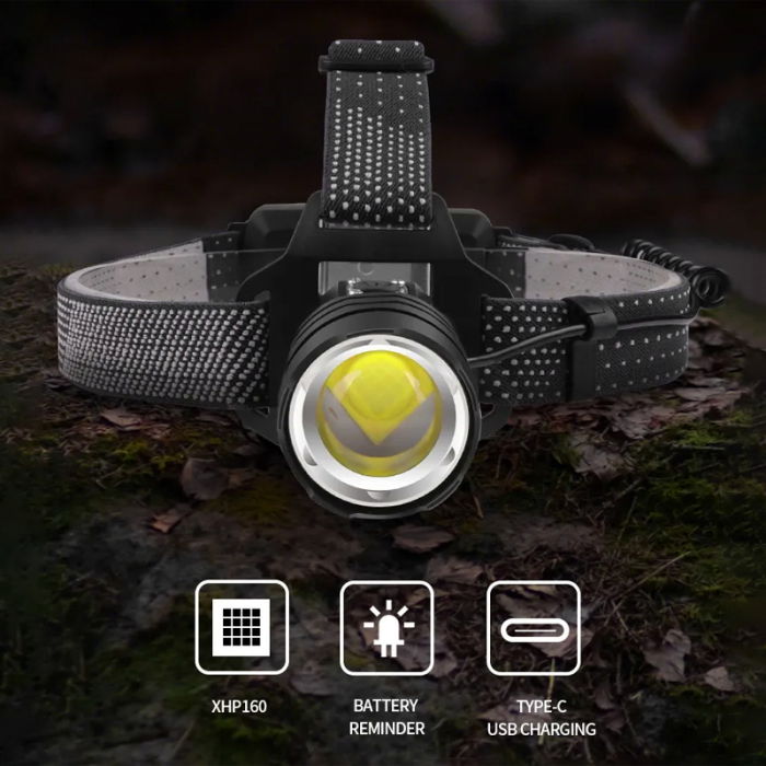 Lanterna puternica de cap FiGGA® LED XHP-50, 15000 lumeni, 500 metri distanta, 5000K, 2 baterii reincarcabile de 18650 Li/3500 mAh, Profesionala, Frontala, Cablu de incarcare [5]