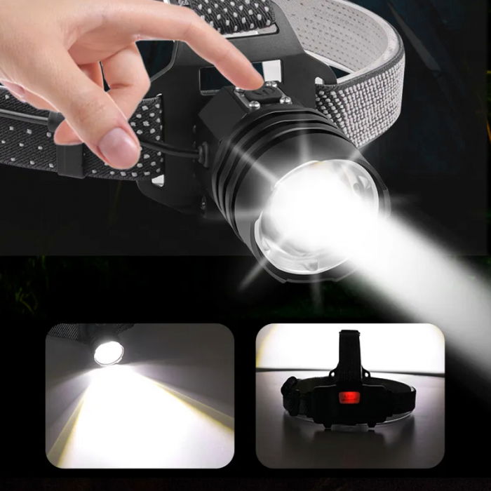 Lanterna puternica de cap FiGGA® LED XHP-50, 15000 lumeni, 500 metri distanta, 5000K, 2 baterii reincarcabile de 18650 Li/3500 mAh, Profesionala, Frontala, Cablu de incarcare [6]