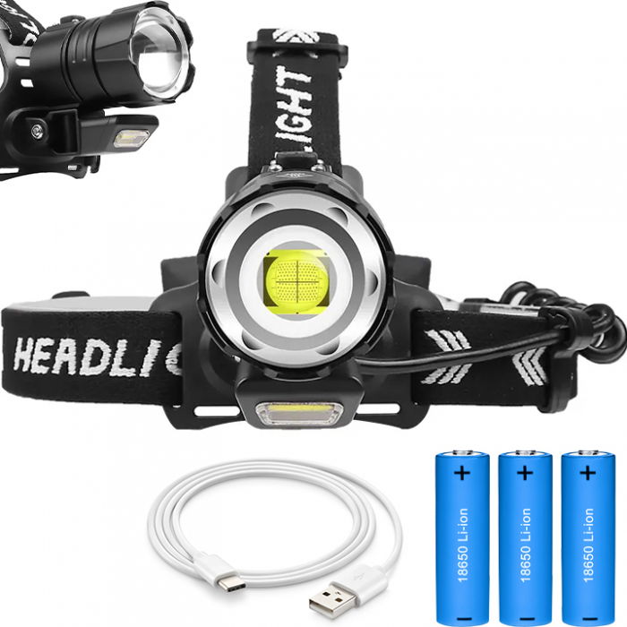Lanterna puternica de cap FiGGA® LED XHP-90, 27000 lumeni, 900 metri distanta, 5000K, 3 baterii reincarcabile de 18650 Li/3500 mAh, Profesionala, Frontala, Cablu de incarcare [3]