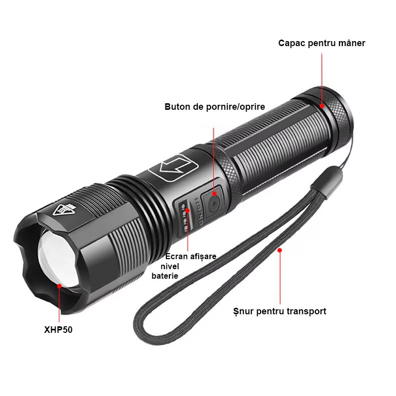 Lanterna puternica profesionala FiGGA®, LED XHP-50, 15000 lumeni, acumulator 18650 Li, structura aliaj aluminiu, Cablu de incarcare [3]