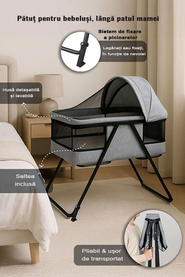 Patut bebe pliabil FiGGA®, 0+ luni, Saltea inclusa, Cu sistem balansoar, Plasa tantari, Portabil, Gri [6]