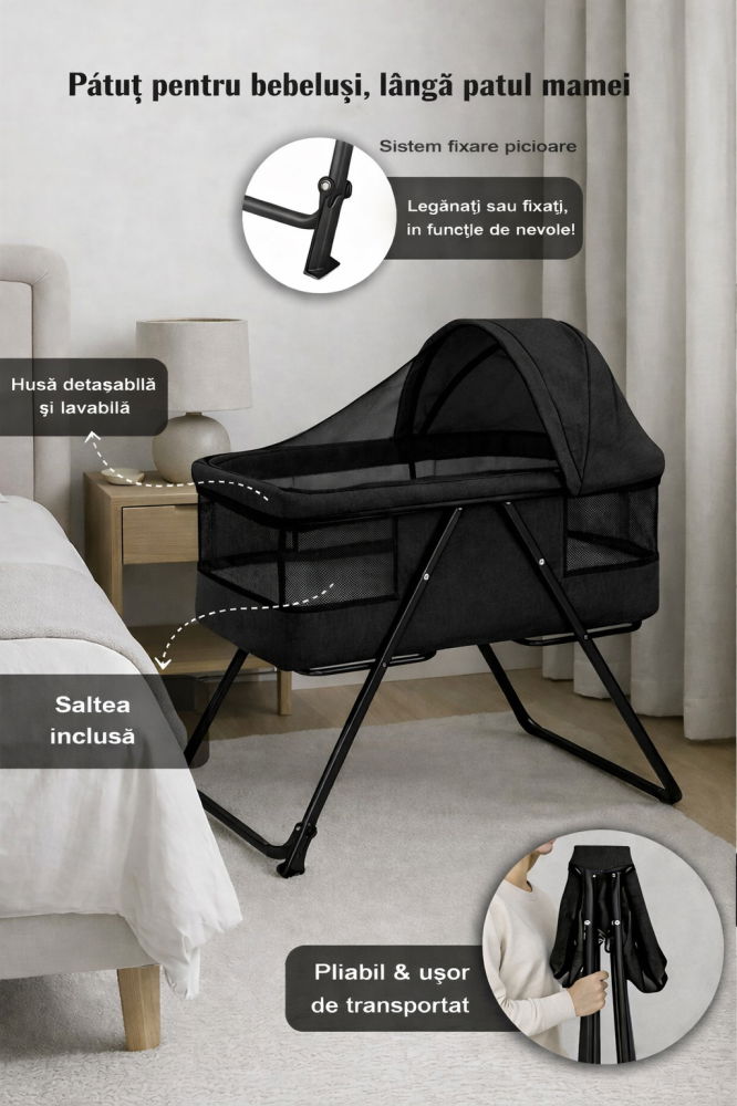 Patut bebe pliabil FiGGA®, 0+ luni, Saltea inclusa, Cu sistem balansoar, Plasa tantari, Portabil, Negru [6]