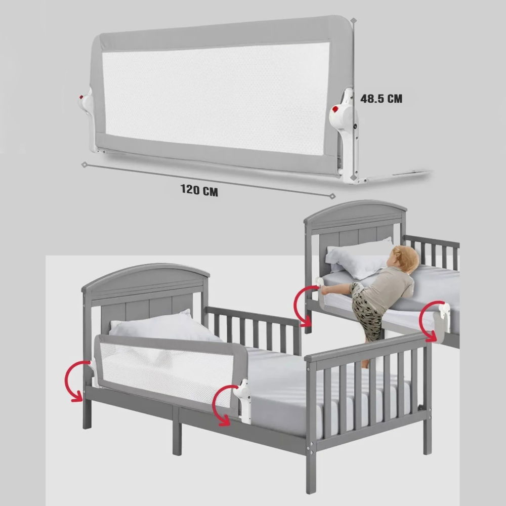 Protectie pat copii FiGGA®, 120 x 48.5 cm, bariera laterala margine pat, rabatabila, Gri [2]