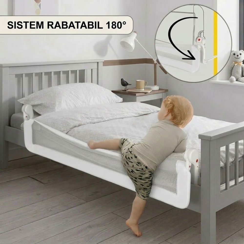 Protectie pat copii FiGGA®, 180 x 65 cm, bariera laterala margine pat, rabatabila, Alb [3]