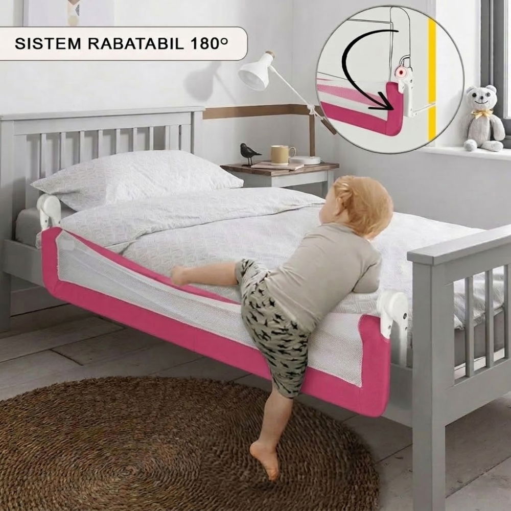 Protectie pat copii FiGGA®, 200 x 65 cm, bariera laterala margine pat, rabatabila, Roz [3]