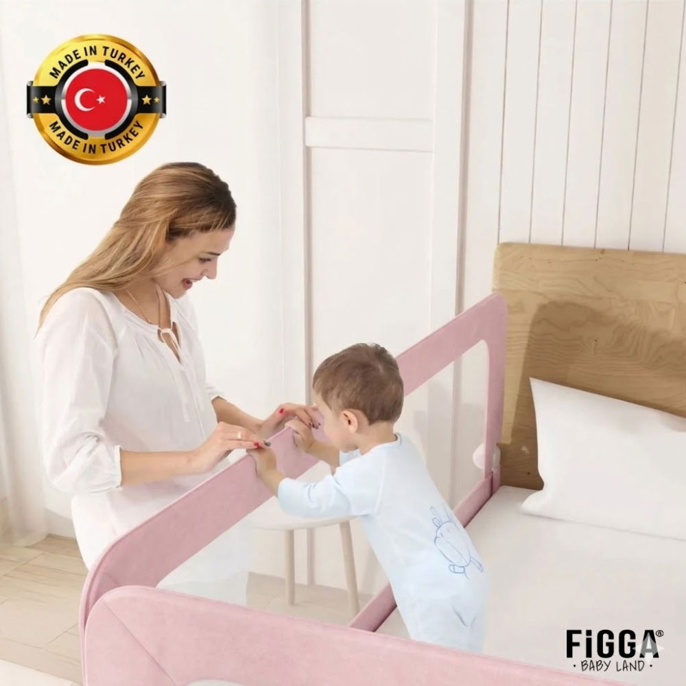 Protectie pat copii FiGGA®, 200 x 65 cm, bariera laterala margine pat, rabatabila, Roz [4]