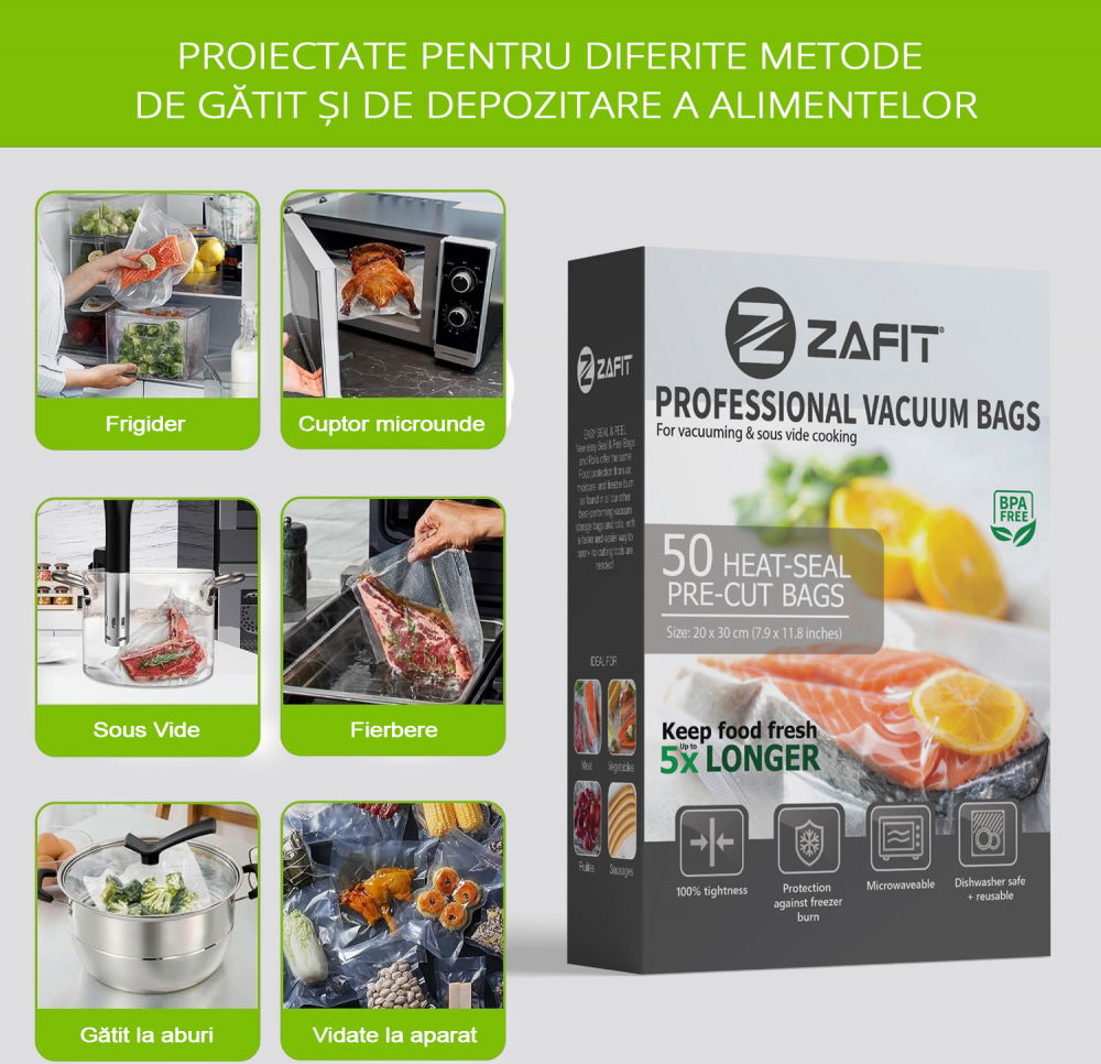 Pungi vidat gofrate ZAFIT™, pentru aparat de vidat alimente, 50 bucati, 20 x 30 cm, reutilizabile, rezistente, sous vide, lavabile in masina de spalat, fara BPA, transparent [3]