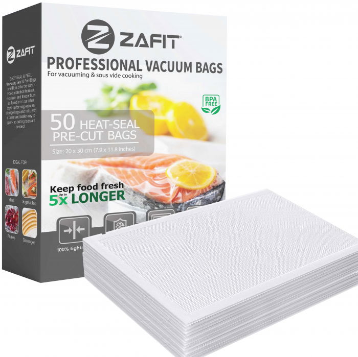 Pungi vidat gofrate ZAFIT™, pentru aparat de vidat alimente, 50 bucati, 20 x 30 cm, reutilizabile, rezistente, sous vide, lavabile in masina de spalat, fara BPA, transparent [1]