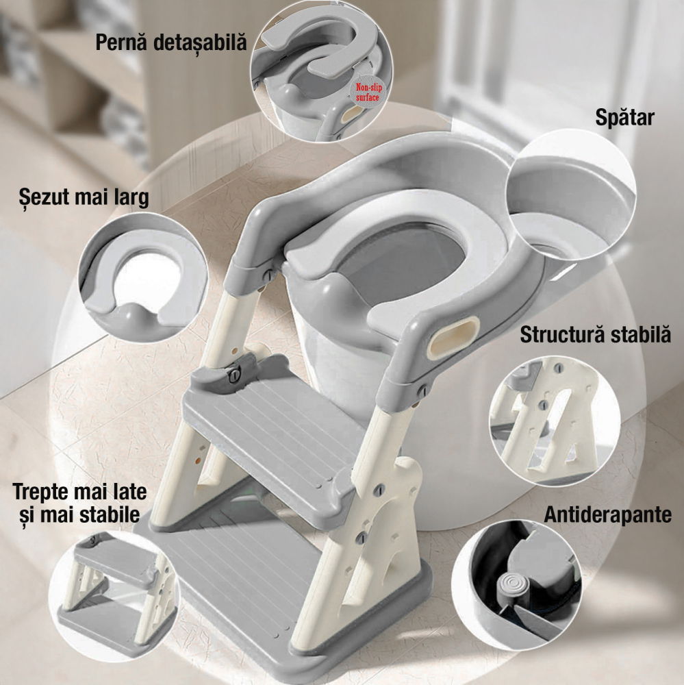 Reductor WC copii 2in1 ZAFIT® cu scara si inaltator, Pliabil, Portabil, colac suprafata de siguranta antialunecare, antiderapant, Gri [5]