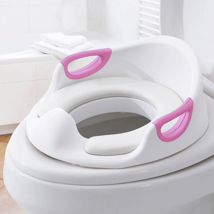 Reductor WC copii ZAFIT®, cu manere si spatar, Portabil, Antiderapant, Alb/Roz [1]