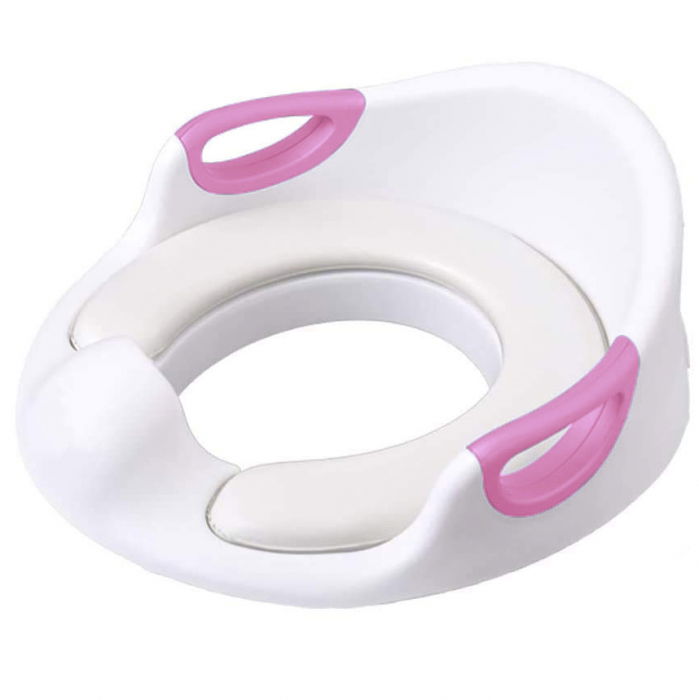 Reductor WC copii ZAFIT®, cu manere si spatar, Portabil, Antiderapant, Alb/Roz [2]