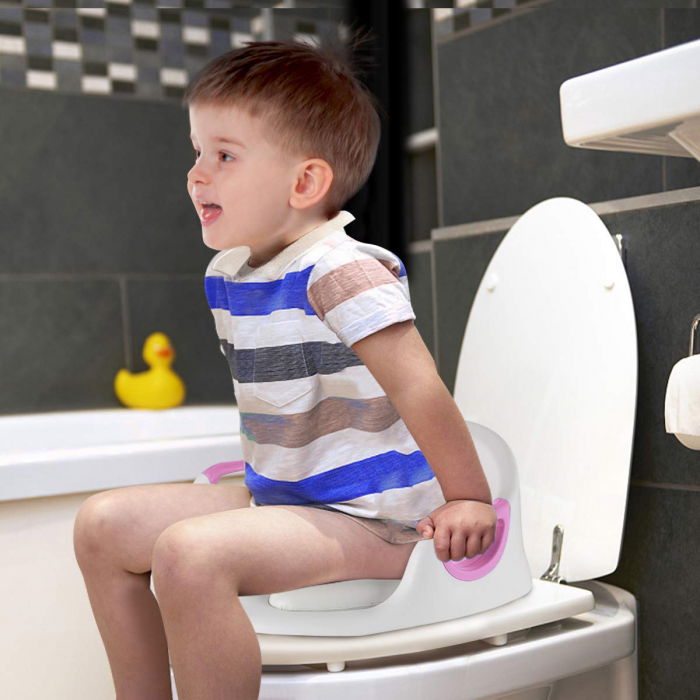 Reductor WC copii ZAFIT®, cu manere si spatar, Portabil, Antiderapant, Alb/Roz [8]