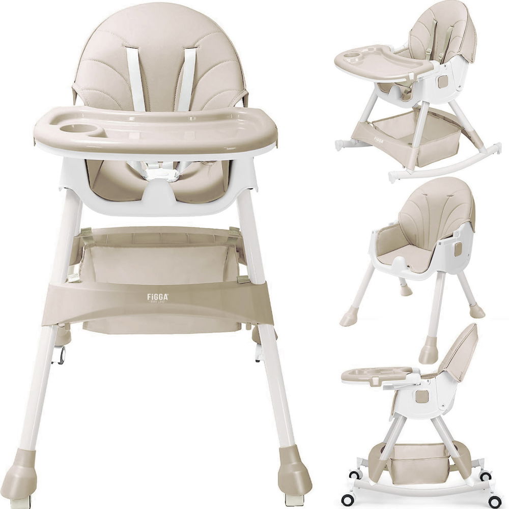 Scaun de masa bebe 4 in 1 FiGGA®, Varsta 6-72 luni, Scaun inalt pliabil, cu 4 roti, Balansoar, 2 x Tava detasabila, Centura de siguranta in cinci puncte, Crem [2]