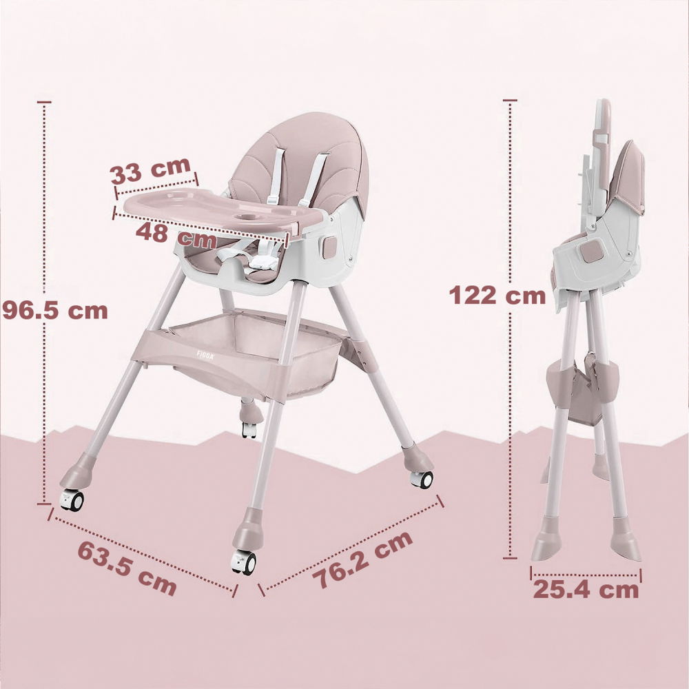 Scaun de masa bebe 4 in 1 FiGGA®, Varsta 6-72 luni, Scaun inalt pliabil, cu 4 roti, Balansoar, 2 x Tava detasabila, Centura de siguranta in cinci puncte, Roz [9]