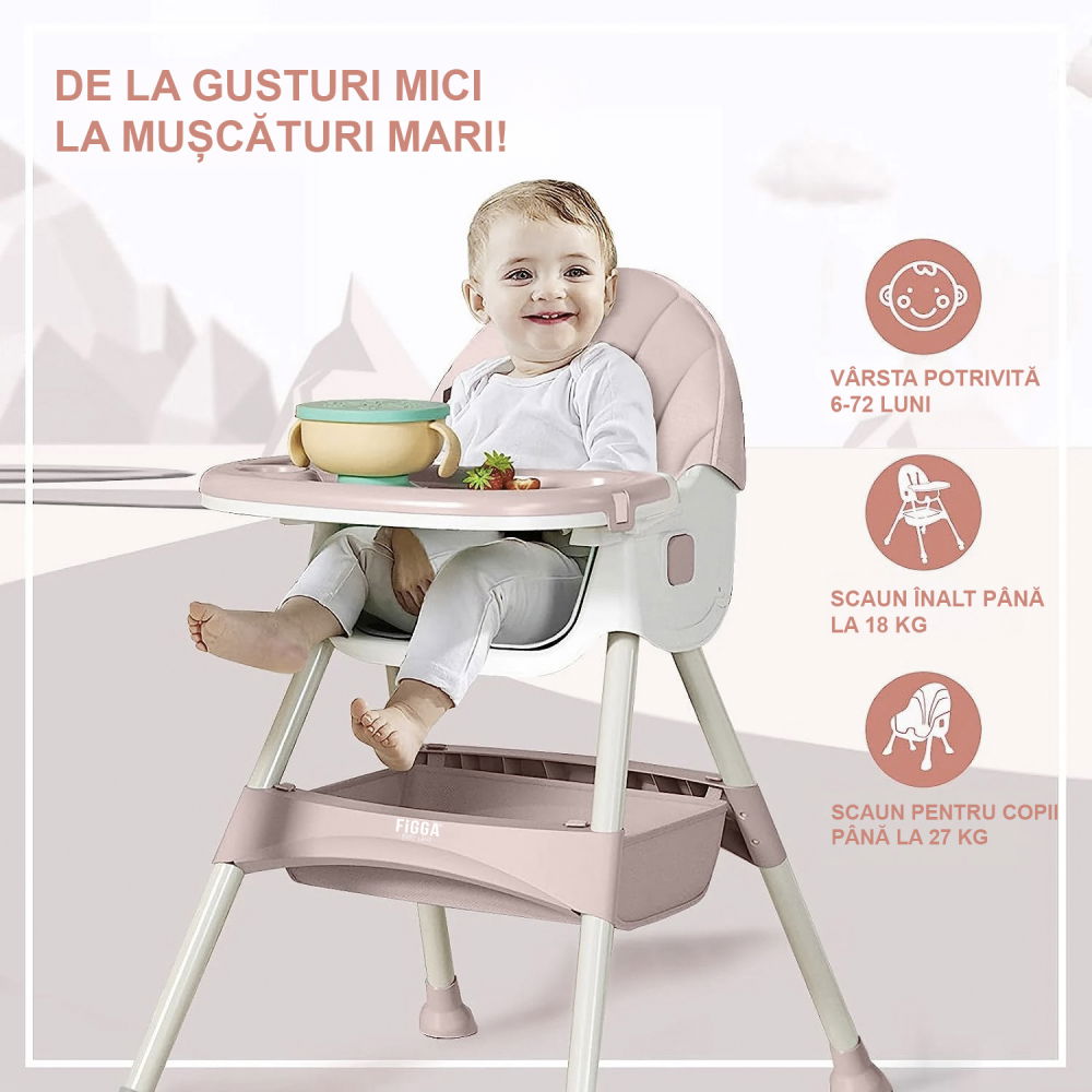 Scaun de masa bebe 4 in 1 FiGGA®, Varsta 6-72 luni, Scaun inalt pliabil, cu 4 roti, Balansoar, 2 x Tava detasabila, Centura de siguranta in cinci puncte, Roz [3]