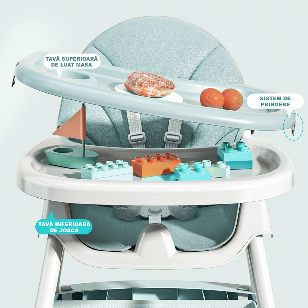 Scaun de masa bebe 4 in 1 FiGGA®, Varsta 6-72 luni, Scaun inalt pliabil, cu 4 roti, Balansoar, 2 x Tava detasabila, Centura de siguranta in cinci puncte, Verde [7]