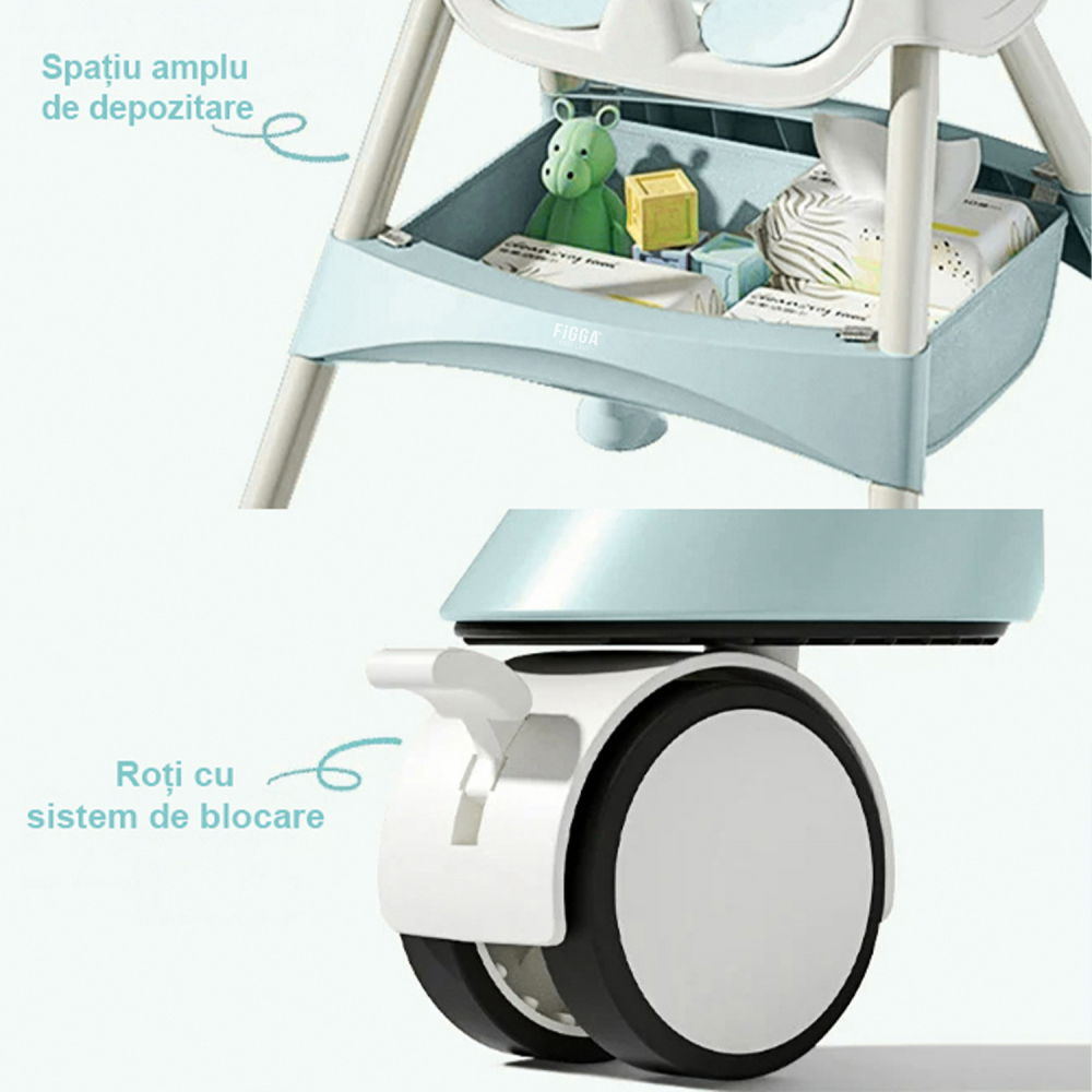 Scaun de masa bebe 4 in 1 FiGGA®, Varsta 6-72 luni, Scaun inalt pliabil, cu 4 roti, Balansoar, 2 x Tava detasabila, Centura de siguranta in cinci puncte, Verde [6]