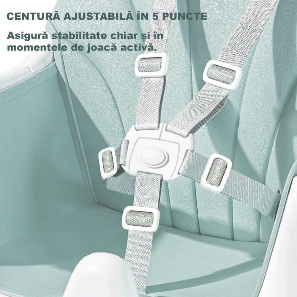 Scaun de masa bebe 4 in 1 FiGGA®, Varsta 6-72 luni, Scaun inalt pliabil, cu 4 roti, Balansoar, 2 x Tava detasabila, Centura de siguranta in cinci puncte, Verde [8]