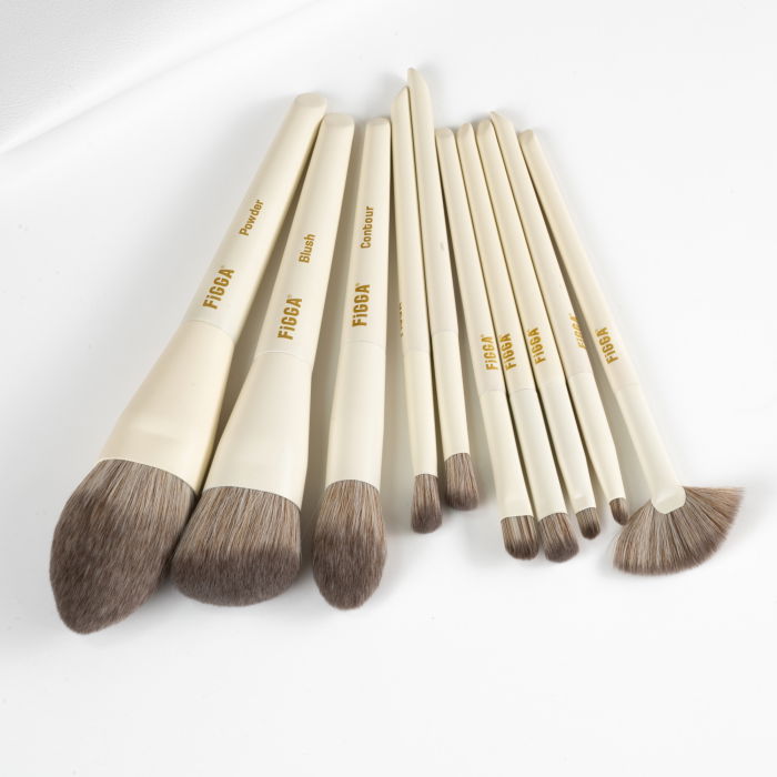 Set 10 pensule machiaj FiGGA®, Profesionale, manere din lemn si aluminiu, gentuta depozitare, Alb crem [2]