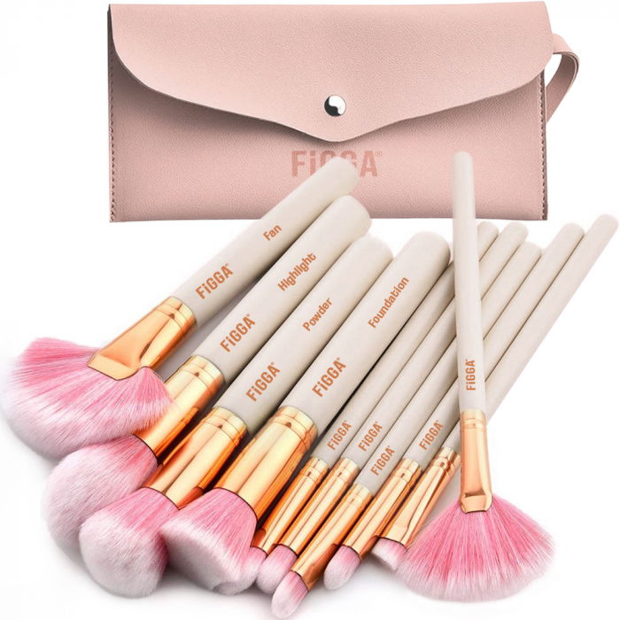 Set 10 pensule machiaj FiGGA®, Profesionale, manere din lemn si aluminiu, gentuta depozitare, Roz-Auriu [1]