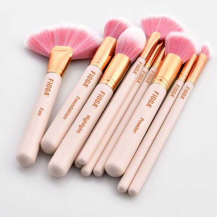 Set 10 pensule machiaj FiGGA®, Profesionale, manere din lemn si aluminiu, gentuta depozitare, Roz-Auriu [4]