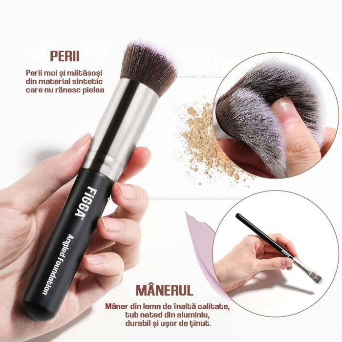 Set 14 pensule machiaj FiGGA®, Profesionale, manere din lemn si aluminiu, gentuta depozitare, Negru-Argintiu [3]