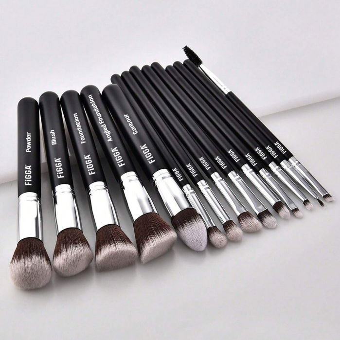 Set 14 pensule machiaj FiGGA®, Profesionale, manere din lemn si aluminiu, gentuta depozitare, Negru-Argintiu [2]