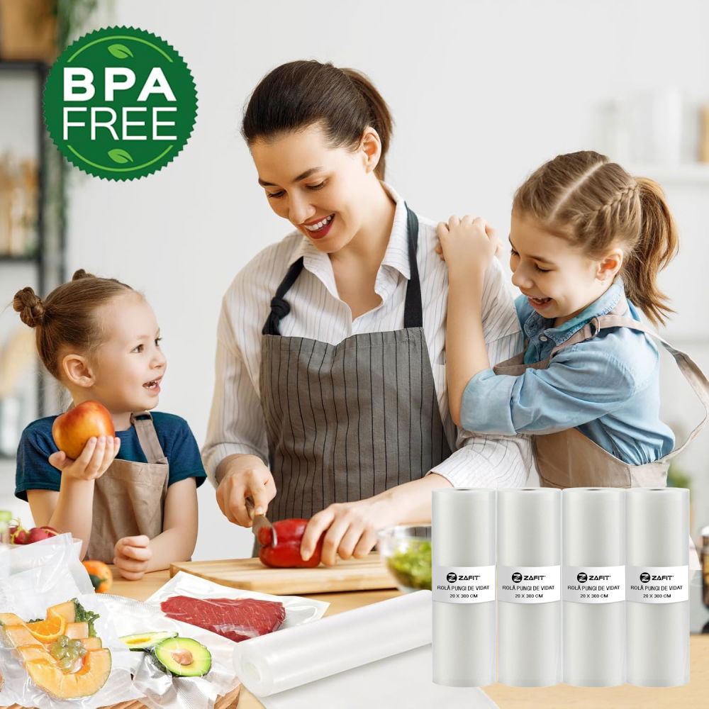 Set 4 role pungi de vidat gofrate ZAFIT™, 20 x 300 cm, pentru aparat de vidat alimente, reutilizabile, rezistente, sous vide, lavabile in masina de spalat, fara BPA, transparent [8]
