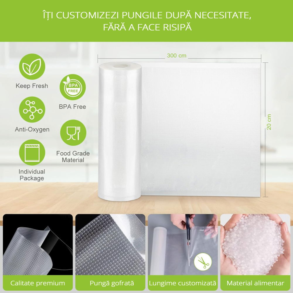 Set 4 role pungi de vidat gofrate ZAFIT™, 20 x 300 cm, pentru aparat de vidat alimente, reutilizabile, rezistente, sous vide, lavabile in masina de spalat, fara BPA, transparent [2]