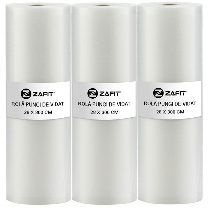 Set 3 role pungi de vidat gofrate ZAFIT™, 28 x 300 cm, pentru aparat de vidat alimente, reutilizabile, rezistente, sous vide, lavabile in masina de spalat, fara BPA, transparent [1]