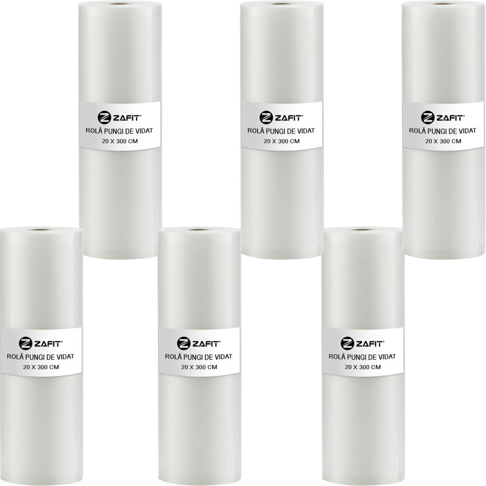 Set 6 role pungi de vidat gofrate ZAFIT™, 20 x 300 cm, pentru aparat de vidat alimente, reutilizabile, rezistente, sous vide, lavabile in masina de spalat, fara BPA, transparent [1]