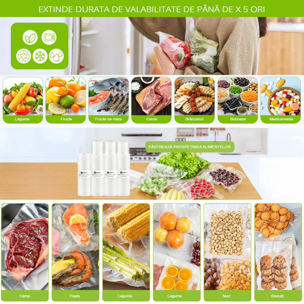 Set 4 role pungi de vidat gofrate ZAFIT™, 28 x 300 cm, pentru aparat de vidat alimente, reutilizabile, rezistente, sous vide, lavabile in masina de spalat, fara BPA, transparent [7]